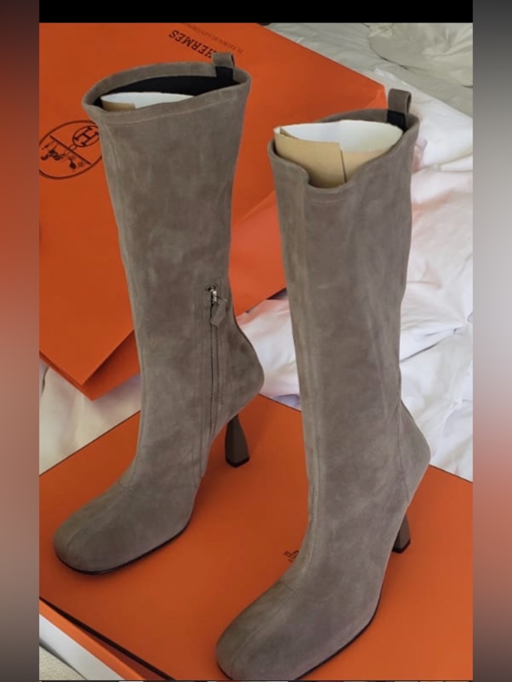 Hermes Halo 2023 grey Suede Mid-Calf Boot with Sculpted Heel